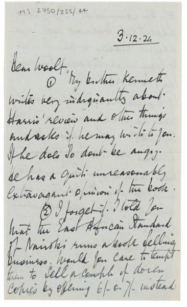 image of handwritten letter from Norman Leys to Leonard Woolf (03/12/1924) page 1 of 2