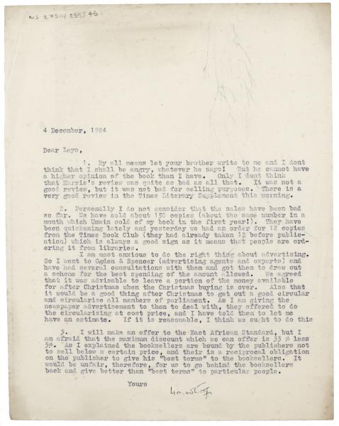Image of typescript letter from Leonard Woolf to Norman Leys (04/12/1924) page 1 of 1
