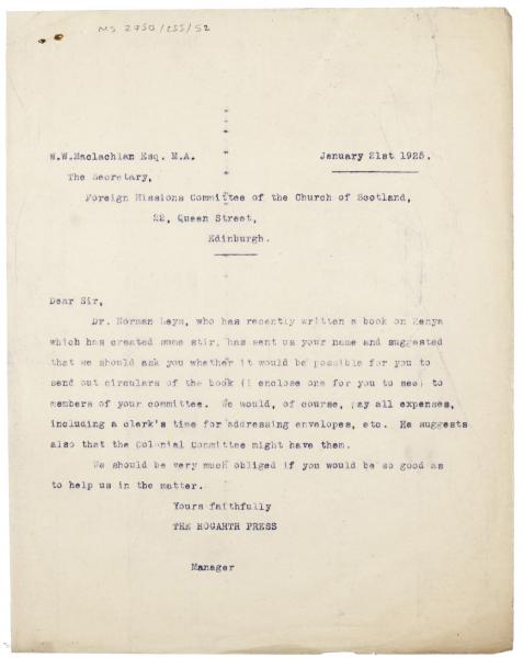image of typescript letter from The Hogarth Press to W. W. Machlachlan (21/01/1925)
