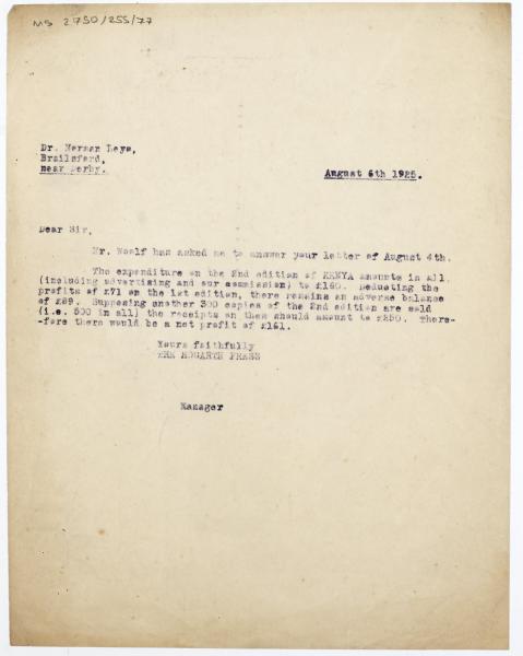 Image of typescript letter from The Hogarth Press to Norman Leys (06/08/1925) page 1 of 1