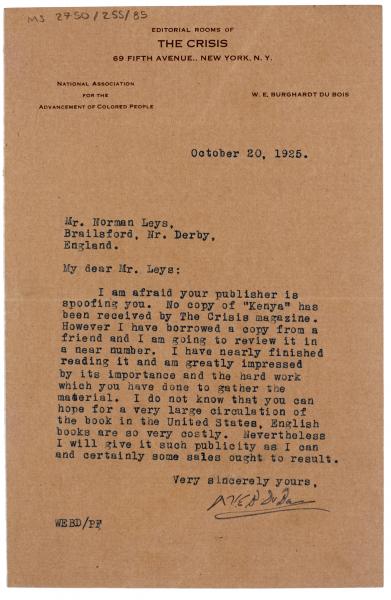 Image of typescript letter from William Edward Burghadt du Bois  to Norman Leys (20/10/1925) page 1 of 1