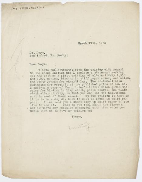 Image of typescript letter from Leonard Woolf to Norman Leys (19/03/1926) page 1 of 1