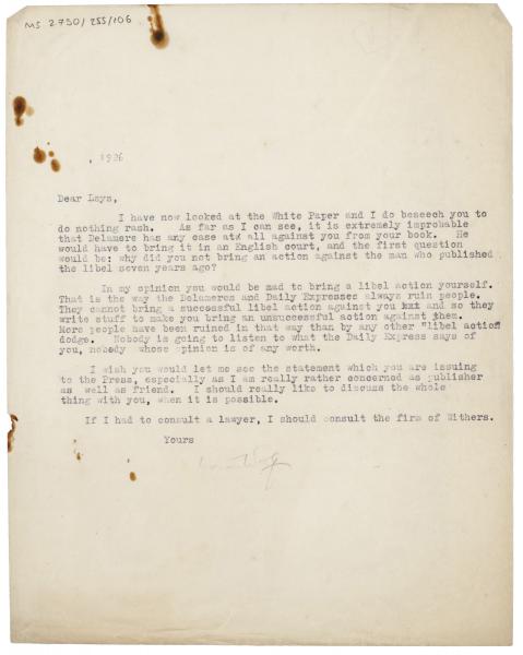 Image of typescript letter from Leonard Woolf to Norman Leys (April 1926) page 1 of 1
