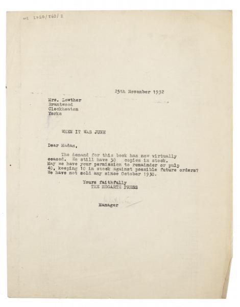Image of letter from Miss Scott Johnson to Alice Lowther (25/11/1932) page 1 of 1 