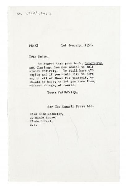 Image of typescript letter from Piers Raymond to Rose Macaulay (01/01/1951) page 1 of 1