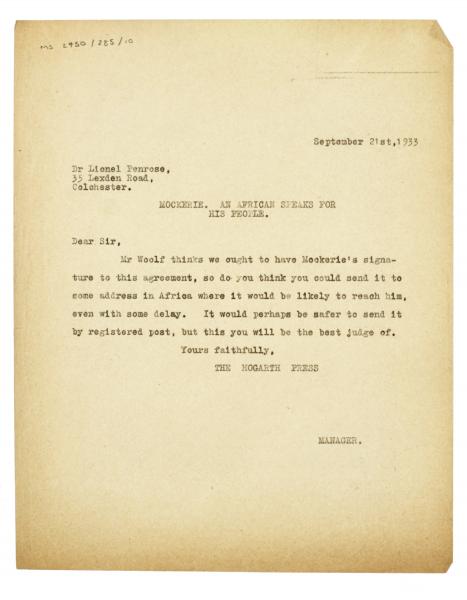 image of typescript letter from The Hogarth Press to Lionel Penrose (21/09/1933) page 1 of 1