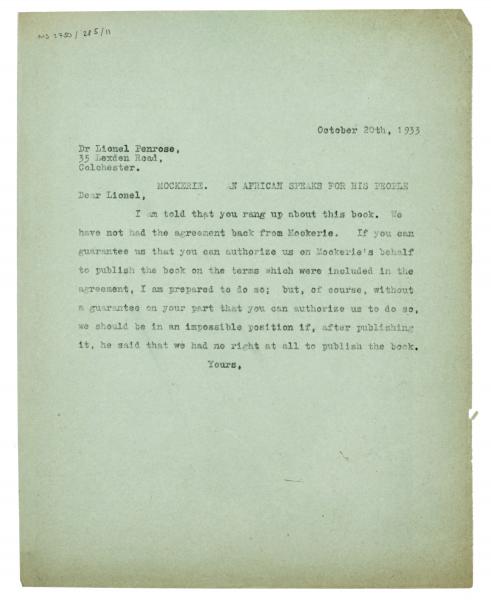 Image of typescript letter from Leonard Woolf to Lionel Penrose  (20/10/1933) page 1 of 1