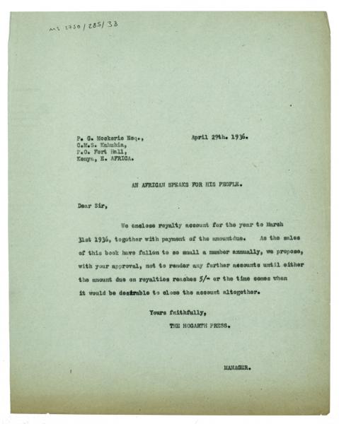 Image of typescript letter from The Hogarth Press to Parmenas Githendu Mockerie (29/04/1936) page1 of 1