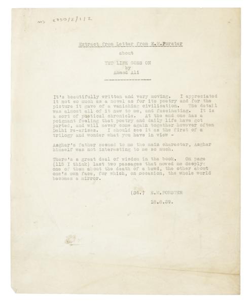 Image of typescript extract of letter from E. M. Forster (18/08/1939) page 1 of 1