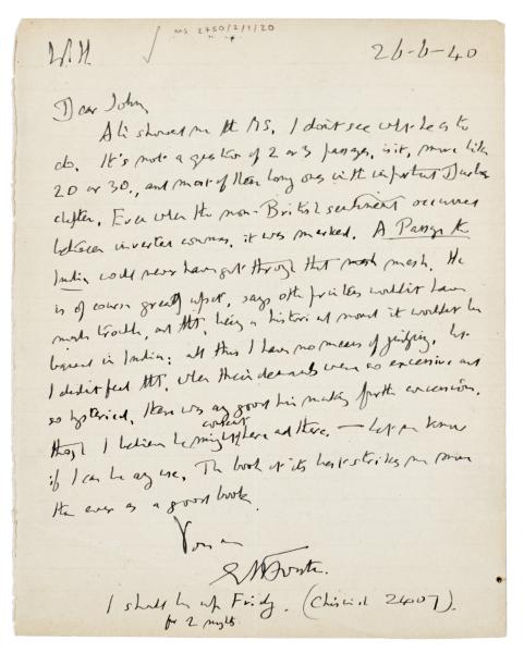 Image of handwritten letter from E. M. Forster to John Lehmann (26/06/1940) page 1 of 1