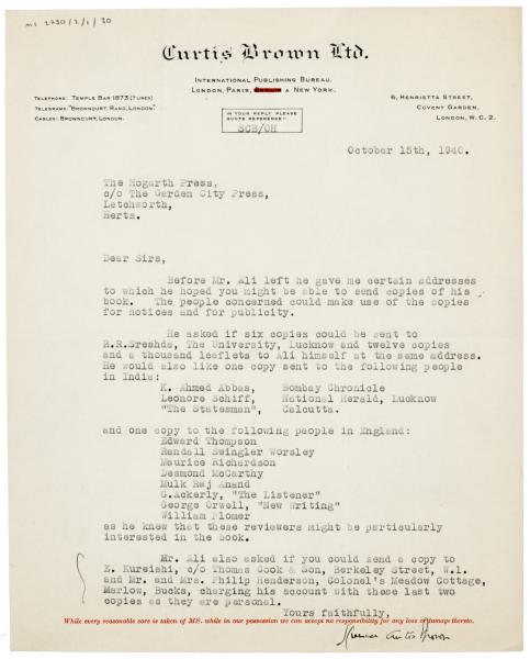 Image of a letter from Spencer Curtis Brown to The Hogarth Press (15/10/1940)