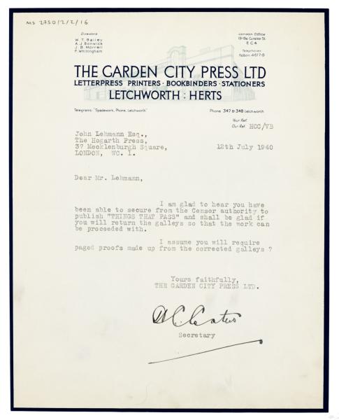 Image of typescript letter from The Garden City Press Ltd  to John Lehmann (12/07/1940) page 1 of 1