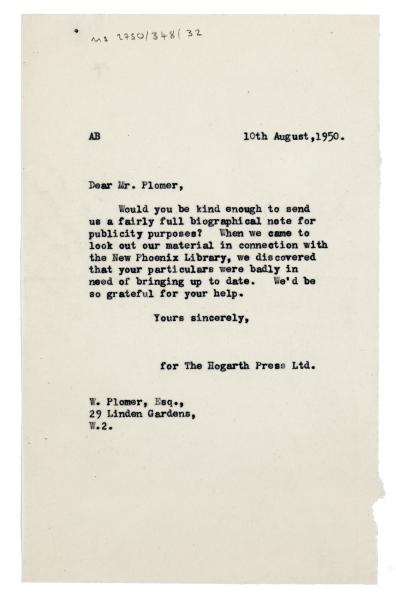 Image of typescript letter from Aline Burch to William Plomer (10/08/1950) page 1 of 1