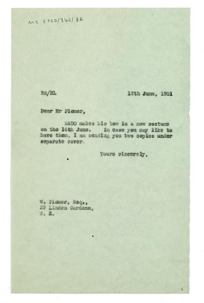 Image of typescript letter from The Hogarth Press to William Plomer (12/06/1951)  page 1 of 1