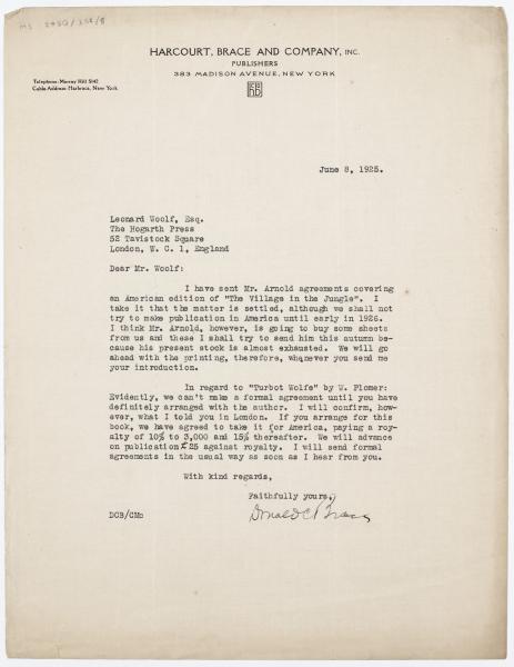 Image of typescript letter from Harcourt Brace and Company inc to Leonard Woolf (08/06/1925) page 1 of 1