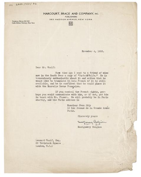 Image of typescript letter from Harcourt Brace and Company Inc to The Hogarth Press (04/11/1926) 