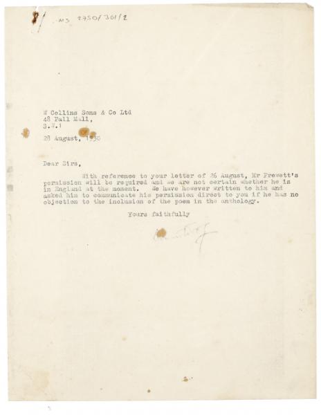 Image of typescript letter from Leonard Woolf to W. Collins Sons & Co Ltd (28/08/1930) page 1 of 1