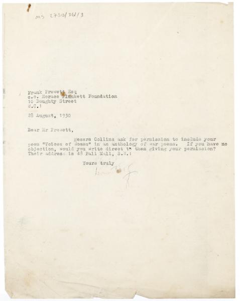 Image of typescript letter from Leonard Woolf to Frank Prewett (28/08/1930) page 1 of 1