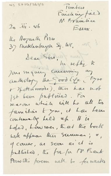 Image of handwritten letter from Clarence Henry Warren to The Hogarth Press (20/04/1946) page 1 of 2 