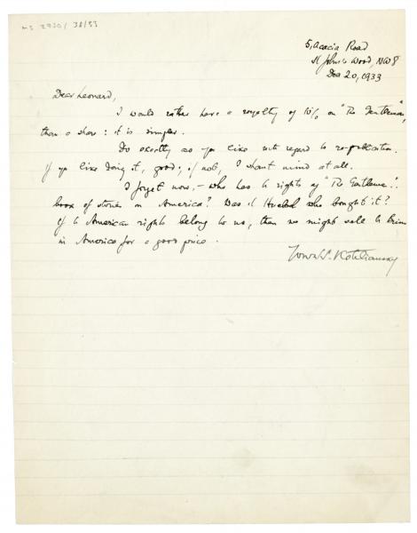 Image of handwritten letter from Samuel Solomonovich Koteliansky to Leonard Woolf (20/12/1933) page 1 of 1
