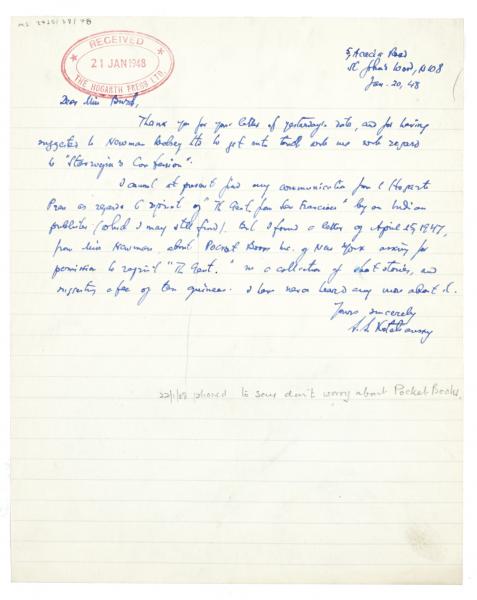 Image of handwritten letter from Samuel Solomonovich Koteliansky to Aline Burch (20/01/1948) page 1 of 1