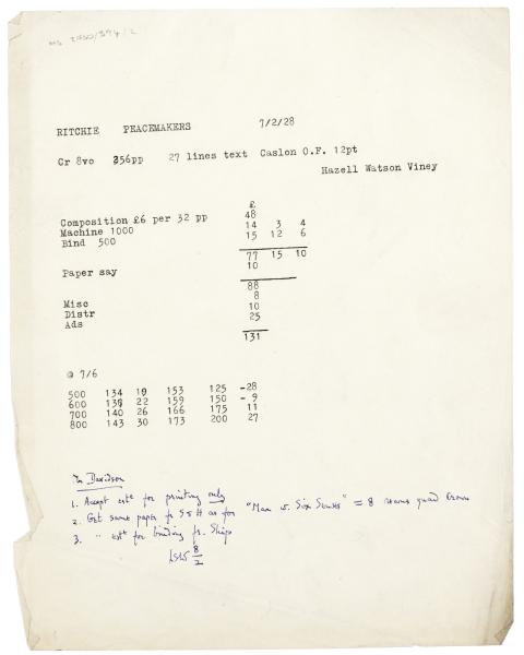 Image of typescript printing estimate relating to The Peacemakers page 1 of 1
