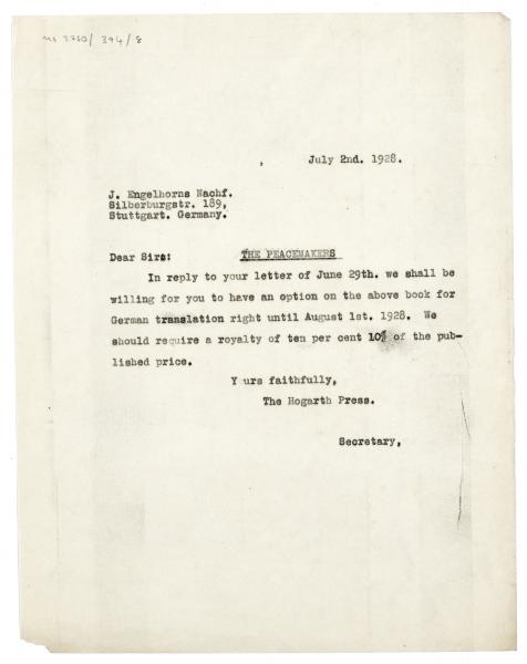 Image of typescript letter from The Hogarth Press to J. Engelhorns Nachfolger (02/07/1928) page 1 of 1