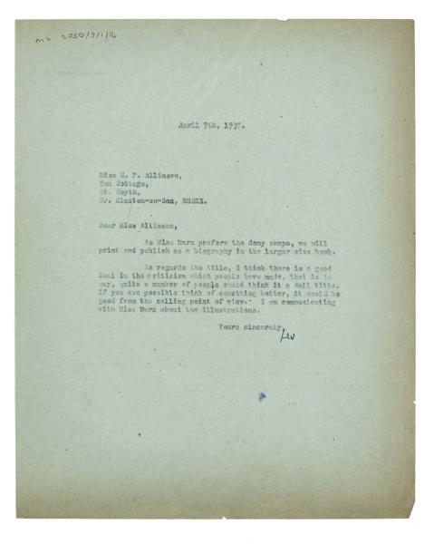 Image of typescript letter from Leonard Woolf to Francesca Allinson (07/04/1937) page 1 of 1