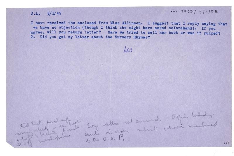 Image of the typescript covering memo attached to the letter. Typed on purple paper with handwritten annotation