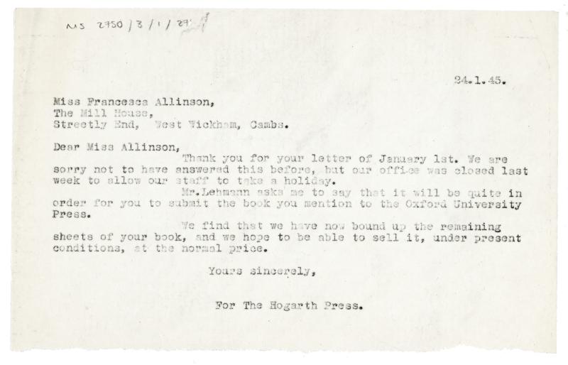 Image of typescript letter from The Hogarth Press to Francesca Allinson (24/01/1945) page 1 of 1