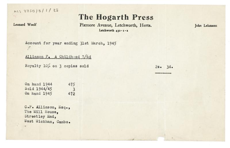 Image of typescript statement of accounts from The Hogarth Press to Francesca Allinson (March 1945) page 1 of 1