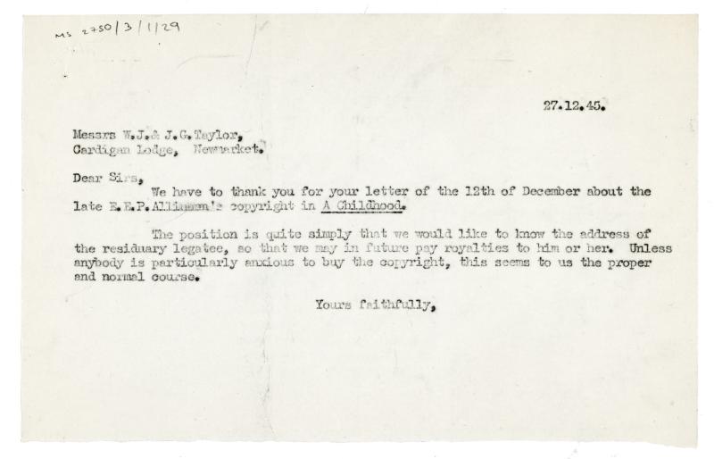 Image of typescript letter from The Hogarth Press to W. J. & J. G. Taylor (27/12/1945)  page 1 of 1