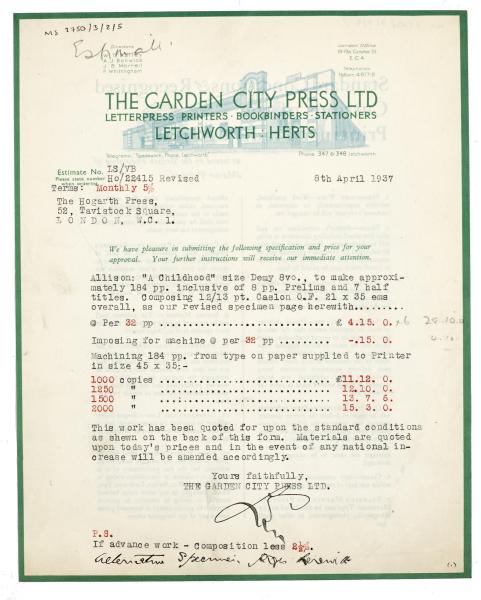 Image of typescript letter from The Garden City Press Ltd. to The Hogarth Press (08/04/1937) page 1 of 2