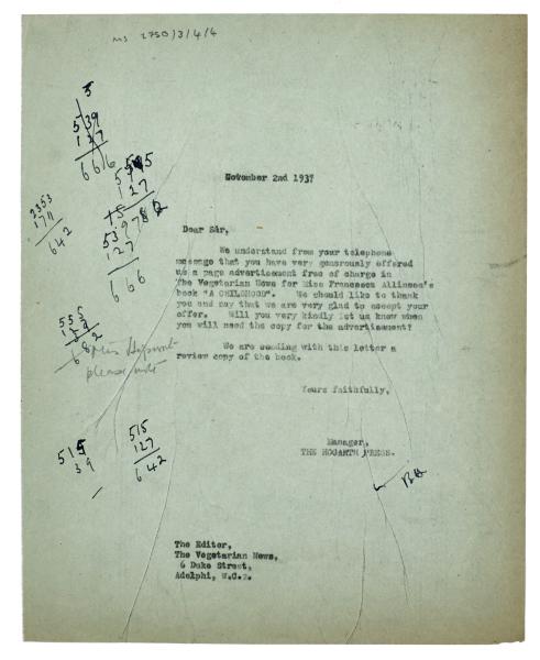 Image of typescript letter  from The Hogarth Press to London Vegetarian Society (02/11/1937)  page 1 of 2