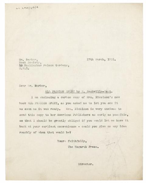 Image of typescript letter from Leonard Woolf to the Book Society (17/03/1931)  page 1 of 1