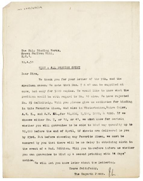 Image of typescript letter from John Lehmann to the Ship Binding Works (10/04/1931) page 1 of 1