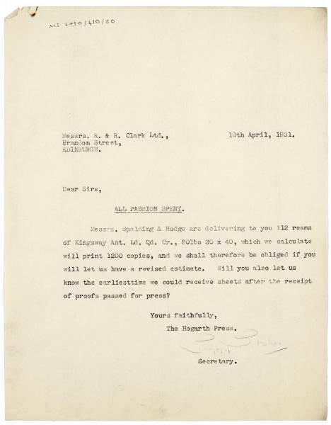 Image of typescript letter from Peggy Belsher to R. & R. Clark (10/04/1931) page 1 of 1