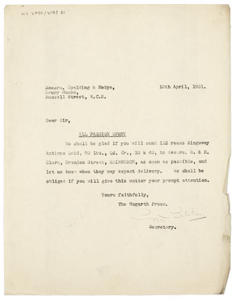 Image of typescript letter from Peggy Belsher to Spalding & Hodge (10/04/1931) page 1 of 1