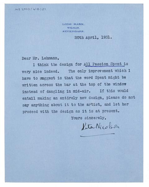 Image of typescript letter from Vita Sackville-West to John Lehmann (20/04/1931) page 1 of 1