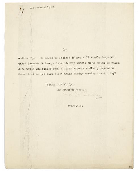 Image of typescript letter from Peggy Belsher to R. & R. Clark (29/04/1931) page 2 of 2