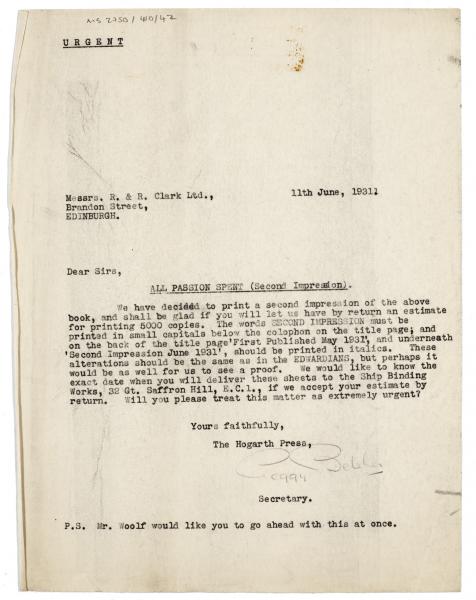 Image of typescript letter from Peggy Belsher to R. & R. Clark (11/06/1931) page 1 of 1