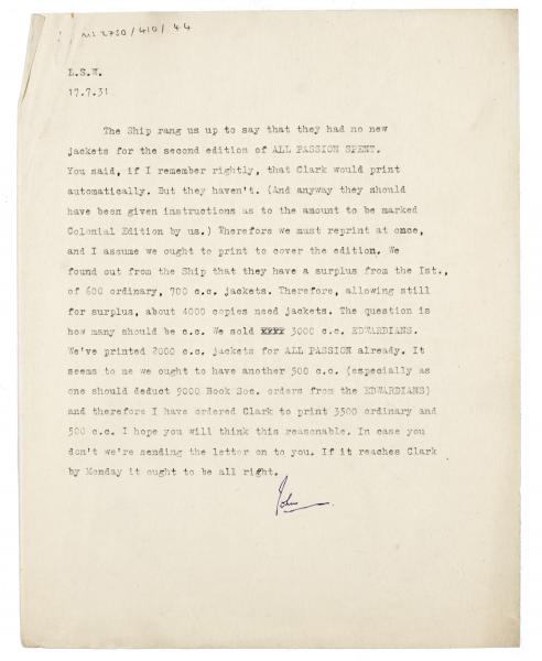 Image of typescript letter from John Lehmann to Leonard Woolf (17/07/1931) page 1 of 1