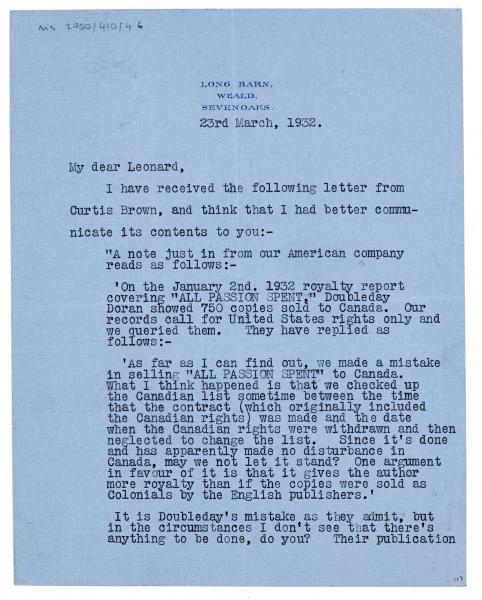 Image of typescript letter from Vita Sackville-West to Leonard Woolf (23/03/1932) page 1 of 2