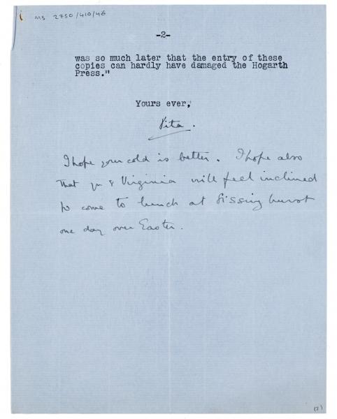 Image of typescript letter from Vita Sackville-West to Leonard Woolf (23/03/1932) page 2 of 2
