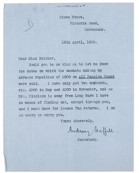 Image of typescript letter from Audrey Heffil to Peggy Belsher (18/04/1932) page 1 of 1