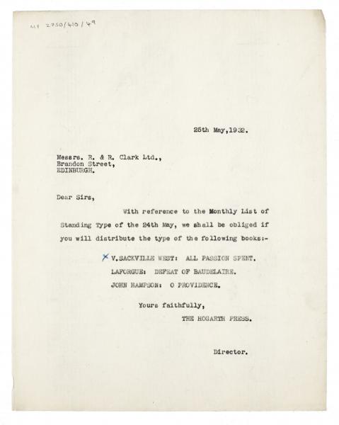 Image of typescript letter from The Hogarth Press to R. & R. Clark (25/05/1932) page 1 of 1