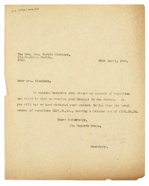 Image of typescript letter from Peggy Belsher to The Hogarth Press (25/04/1933) page 1 of 1