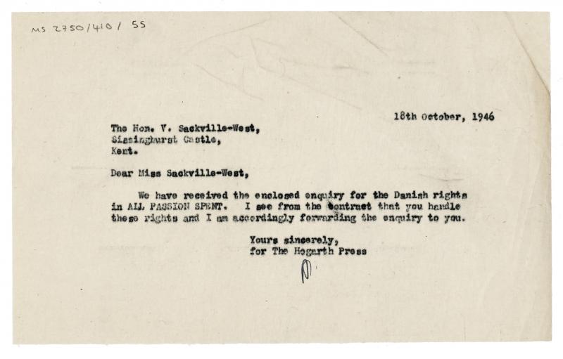 Image of typescript letter from The Hogarth Press to Vita Sackville West (18/10/1946) page 1 of 1