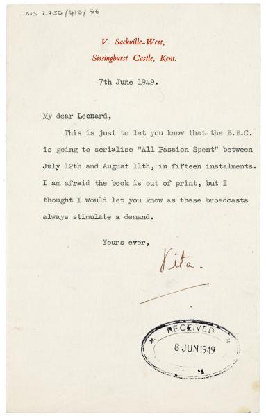 Image of typescript letter from Vita Sackville-West to Leonard Woolf (07/06/1949) page1 of 1