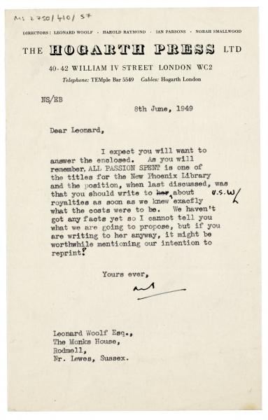 Image of typescript letter from Norah Smallwood to Leonard Woolf (08/06/1949) page1 of 1